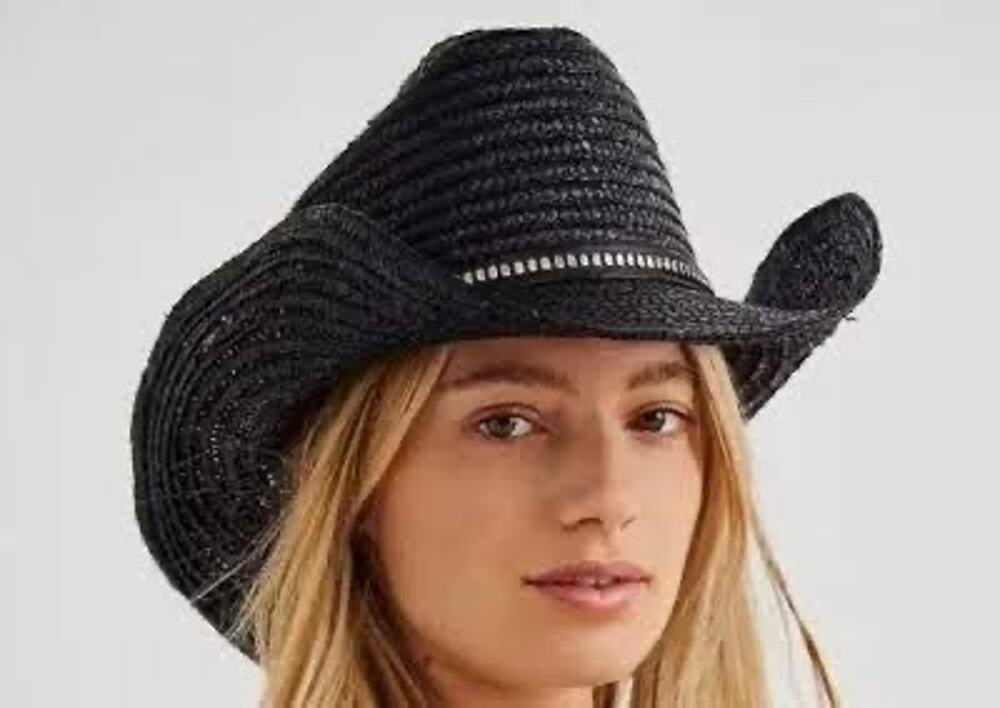 Free People Fame Straw Cowboy Hat Black Western Festival Fedora OS